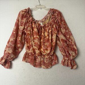 Flying Tomato shirt top sz L peplum balloon sleeve orange red‎ floral boho